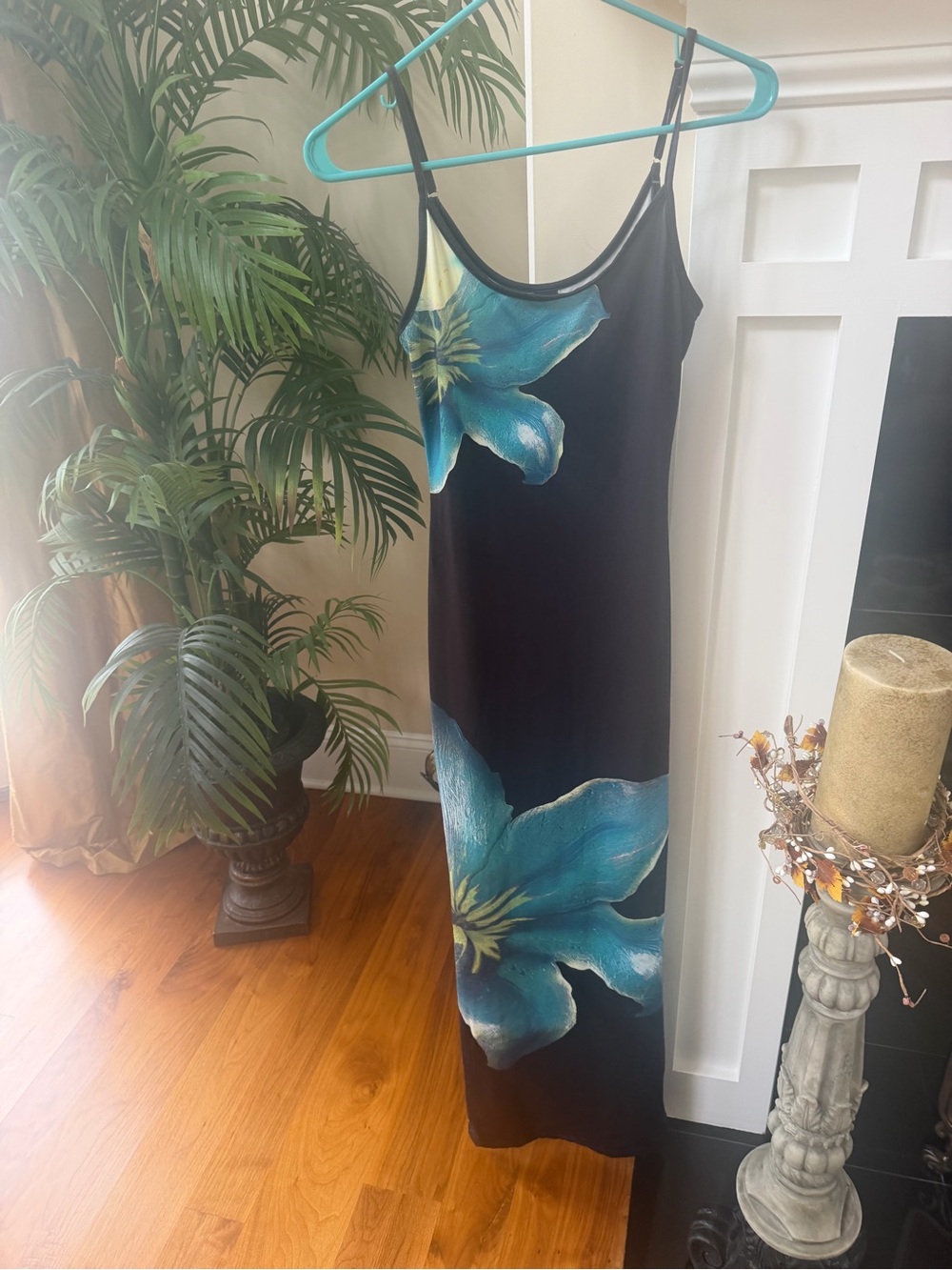 Black Maxi Dress with Blue Floral Print